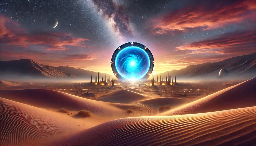 An epic sci-fi landscape featuring a glowing Stargate in a mystical desert during twilight. The circular gate radiates blue energy, surrounded by golden sand dunes and distant alien structures under a vibrant sky of purple, orange, and stars, evoking mystery and adventure.