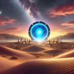 An epic sci-fi landscape featuring a glowing Stargate in a mystical desert during twilight. The circular gate radiates blue energy, surrounded by golden sand dunes and distant alien structures under a vibrant sky of purple, orange, and stars, evoking mystery and adventure.