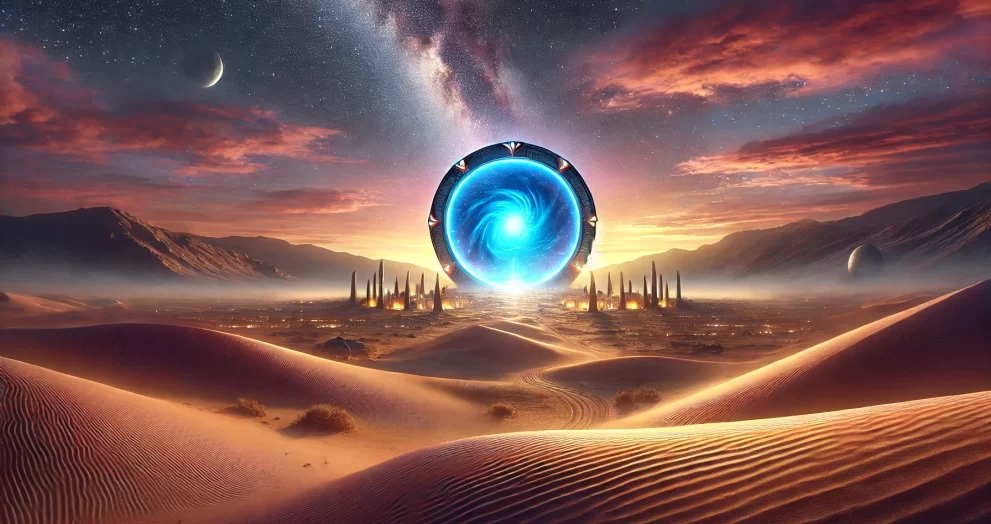 An epic sci-fi landscape featuring a glowing Stargate in a mystical desert during twilight. The circular gate radiates blue energy, surrounded by golden sand dunes and distant alien structures under a vibrant sky of purple, orange, and stars, evoking mystery and adventure.